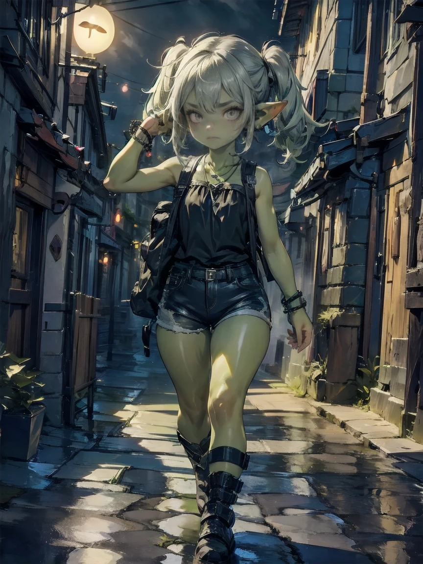 1 girl, solo ((best quality)), ((masterpiece)), (detailed), 4k, deep green skin, tiny pointy ears, 3 foot tall mature goblin woman with silver hair color, pigtails, ((green skin)) wearing tanktop, hiking shorts, hiking boots, backpack, wearing rainbow friendship bracelet and leather necklace, exploring ancient ruins on a foggy night, foggy and mysterious, dynamic pose, cinematic still, misty, foggy, soft lighting, scared, creepy, dark, night, moonlit, ripped shirt, haunted village, ruins, sneaking around