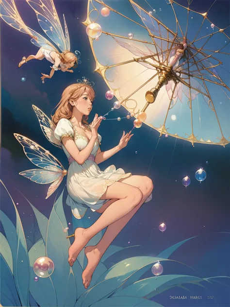 A woman blowing soap bubbles wearing a dress, ethereal and whimsical bubbles, Moebius style and whimsical, dreamlike details, in...