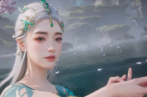 there was a woman，gray hair，wearing green clothes, unreal engine rendering + goddess, queen of the sea mu yanling, fantasy style...