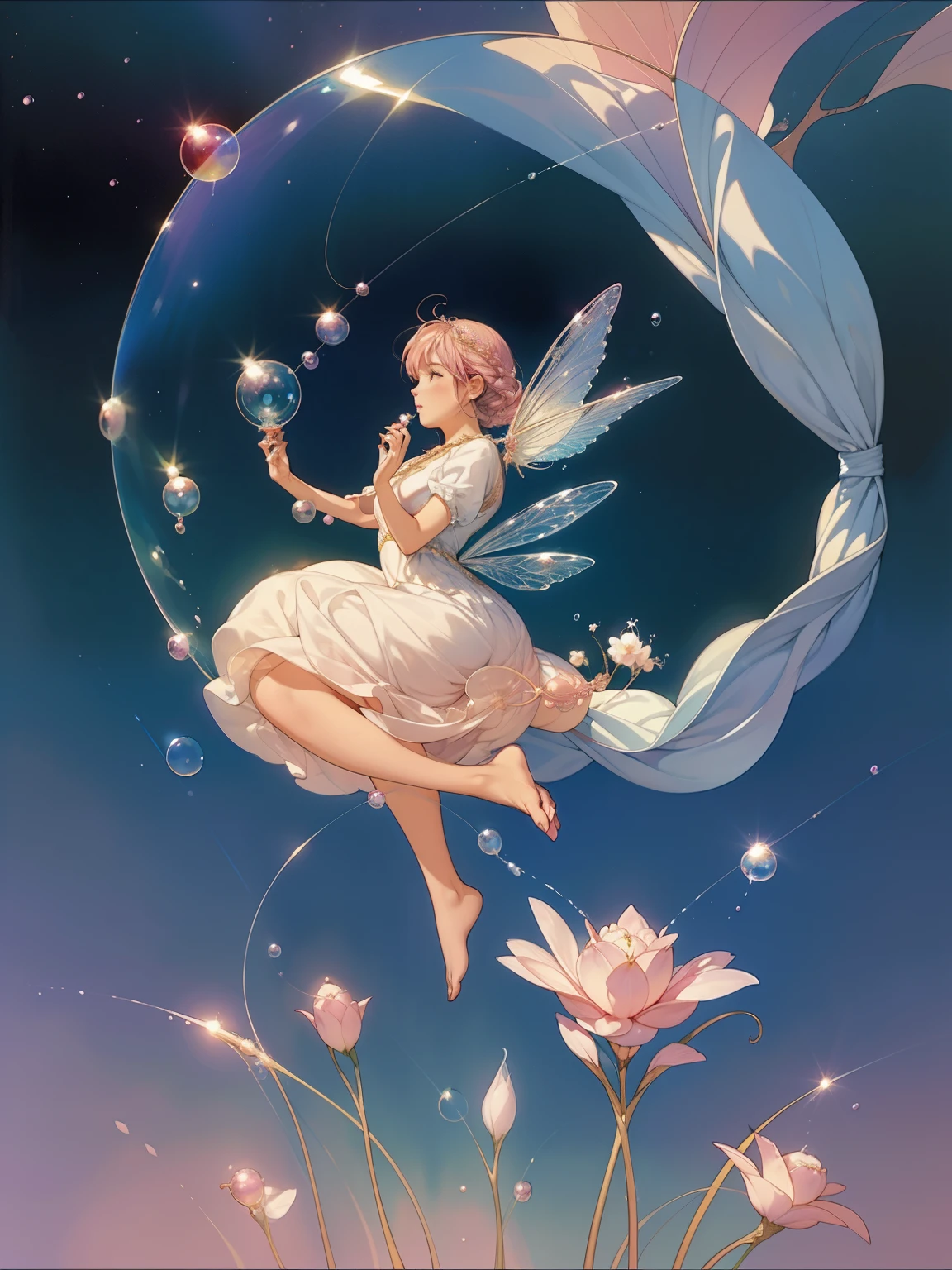 A woman blowing soap bubbles wearing a dress, ethereal and whimsical bubbles, Moebius style and whimsical, dreamlike details, intricate whimsical, close-up fantasy using water magic, fairy tale artwork, fairy tale painting, in the style of Anna Dittmann, whimsical art, realistic fantasy painting, art jam Julie Bell Beeple
