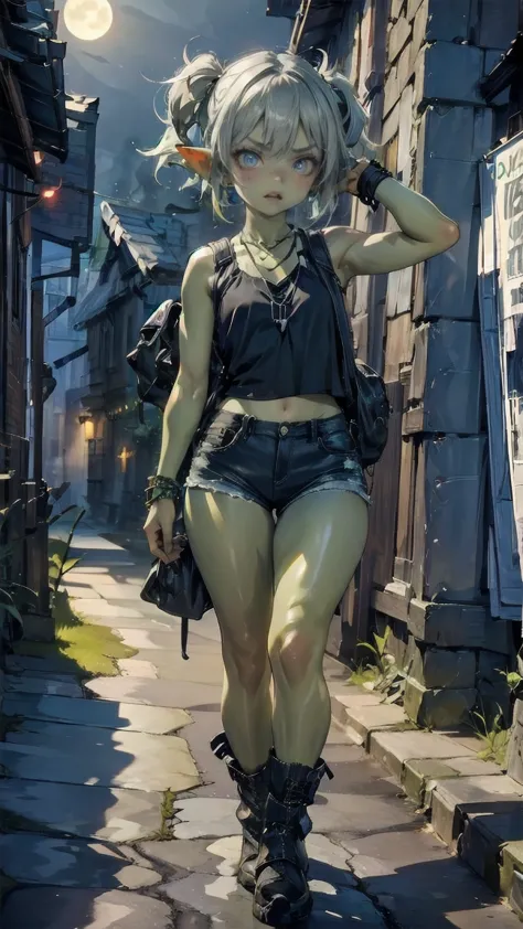 1 girl, solo ((best quality)), ((masterpiece)), (detailed), 4k, deep green skin, tiny pointy ears, 3 foot tall mature goblin wom...