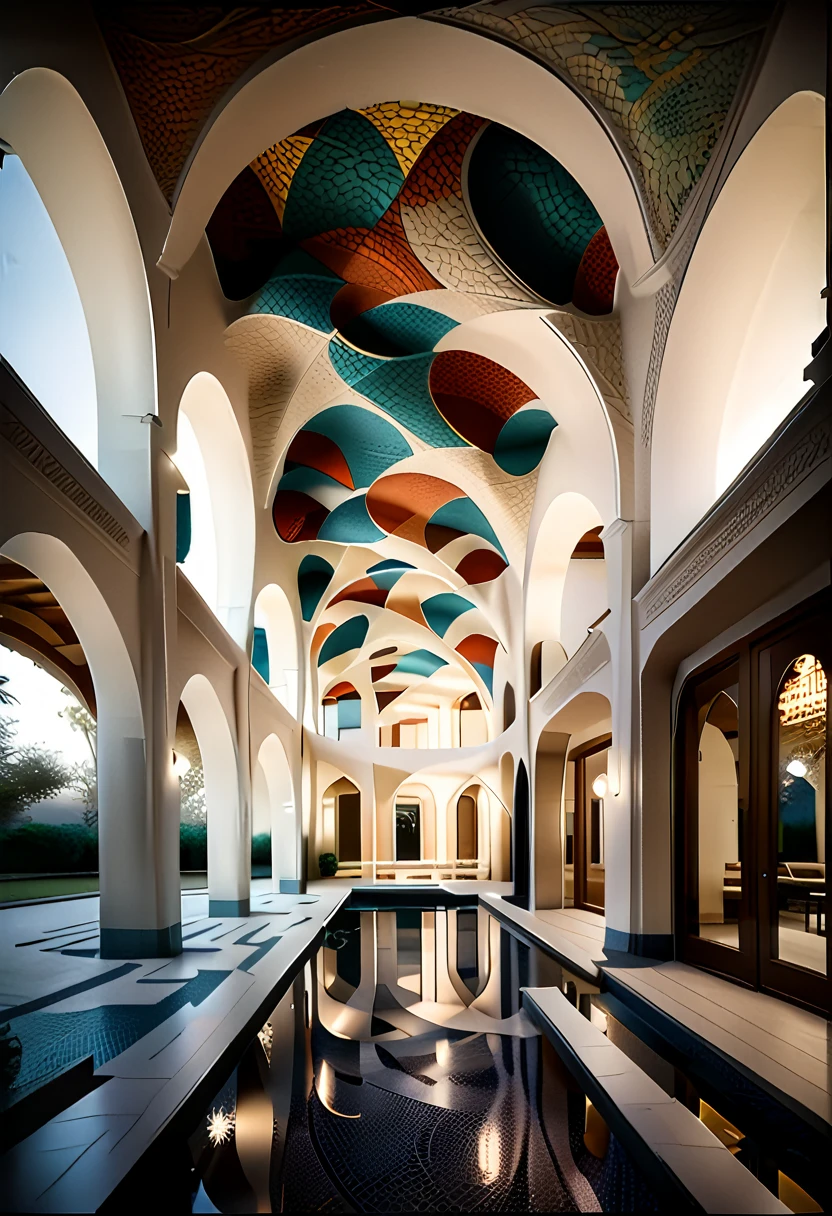 hyper-realistic photo of an architectural interior featuring stunning arabesque patterns. The interior should be richly decorated with intricate geometric and floral designs that cover the walls, ceilings, and floors. Use a combination of vibrant colors and gold accents to highlight the complexity and beauty of the patterns. Include elements such as grand arches, detailed mosaics, and ornate columns to enhance the grandeur of the space. Soft, ambient lighting should be used to illuminate the intricate details and create a warm, inviting atmosphere. The overall scene should be awe-inspiring, capturing the exquisite craftsmanship and beauty of arabesque architecture.