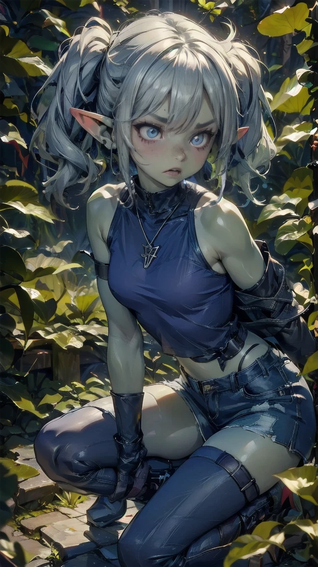 1 girl, solo ((best quality)), ((masterpiece)), (detailed), 4k, deep green skin, tiny pointy ears, 3 foot tall mature goblin woman with silver hair color, pigtails, ((green skin)) wearing tanktop, hiking shorts, hiking boots, backpack, wearing rainbow friendship bracelet and leather necklace, exploring dense dark jungle, foliage is getting caught on her clothes and ripping them, trying to get through dense jungle, very dark, moonlight through trees, ripped shirt, dynamic pose, action shot, cinematic still, cinematic lighting