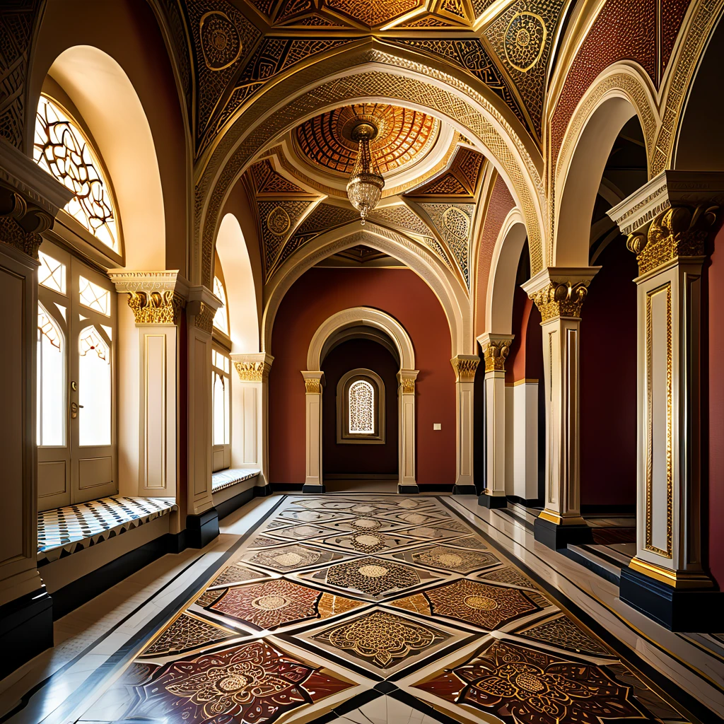 (masterpiece, top quality, best quality),(ultra-detailed, absolutely resolution),((16k, high res)),

BREAK {hyper-realistic photo of an architectural interior featuring stunning arabesque patterns. The interior should be richly decorated with intricate geometric and floral designs that cover the walls, ceilings, and floors. Use a combination of vibrant colors and gold accents to highlight the complexity and beauty of the patterns. Include elements such as grand arches, detailed mosaics, and ornate columns to enhance the grandeur of the space. Soft, ambient lighting should be used to illuminate the intricate details and create a warm, inviting atmosphere. The overall scene should be awe-inspiring, capturing the exquisite craftsmanship and beauty of arabesque architecture.}

BREAK { (produces images with information more than 40 million pixels with cinematic-like detailed textures shot on a Sony SLR).}