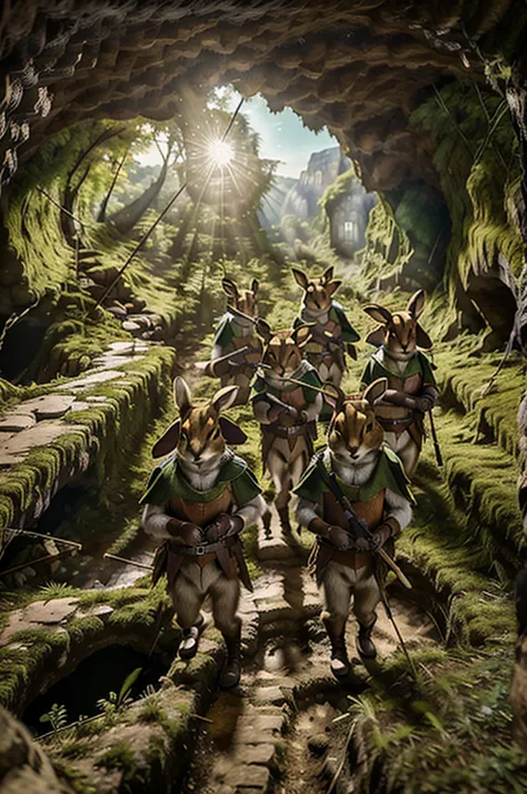 a group of anthropomorphic rabbits dressed like robin hood picking their way through cave ruins, masterpiece, best, photo realis...