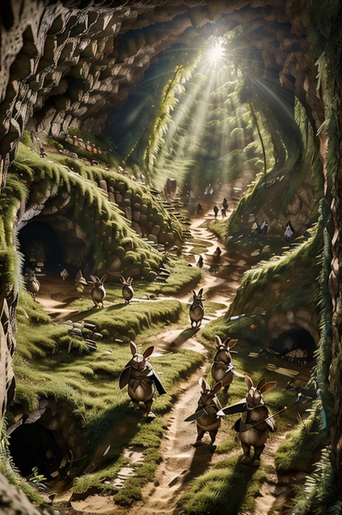 a group of anthropomorphic rabbits dressed like robin hood picking their way through cave ruins, masterpiece, best, photo realistic