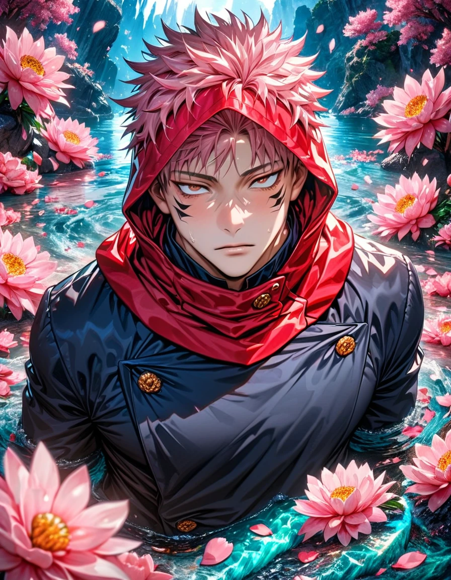 absurdos, alta resolução, ultra detalhado, HDR, obra de arte, melhor qualidade, Itadori Yuji, cabelo rosa, olhos castanhos expressivos, jujutsu kaisen, Capuz Vermelho, Sozinho, Homem sexy, bonito, Uniforme de Jujutsu, fantasia, brilhando, água, flores cor de rosa, flores rosa, pétalas de rosa