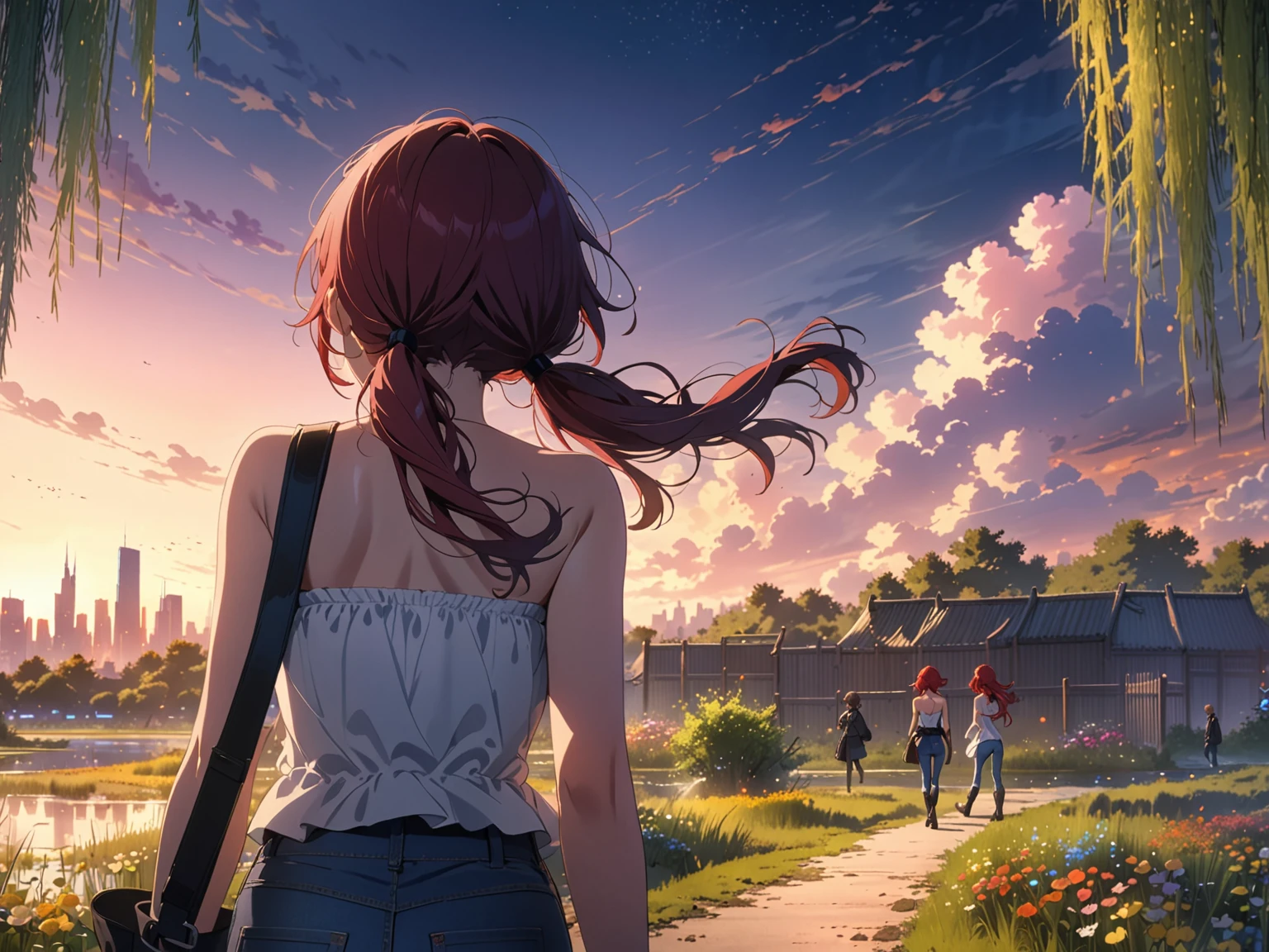 Highest Quality, masterpiece, light particles, stoic young woman walking home at dusk, from behind, red hair in low twin tails, swept bangs, windy, flowers, strapless white top, jeans, black boots, fence, willow trees, swamp, dusk, colorful flowers, clouds, distant city, people in background, anime
