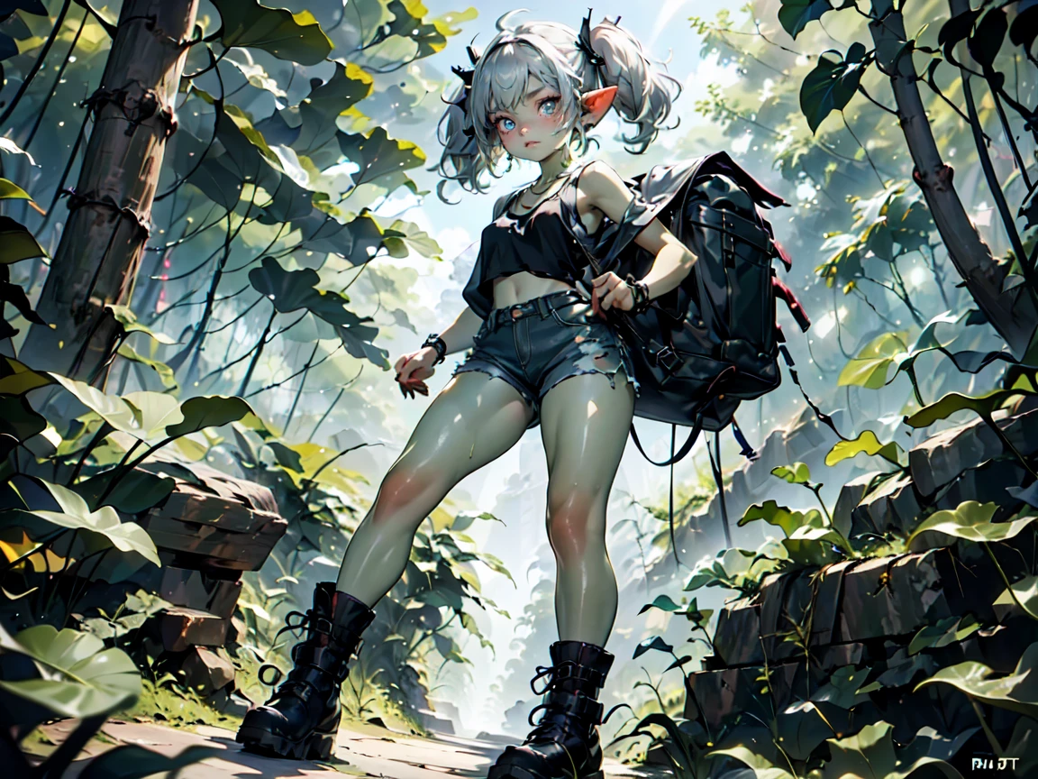 1 girl, solo ((best quality)), ((masterpiece)), (detailed), 4k, deep green skin, tiny pointy ears, 3 foot tall mature goblin woman with silver hair color, pigtails, ((green skin)) wearing tanktop, hiking shorts, hiking boots, backpack, wearing rainbow friendship bracelet and leather necklace, exploring dense dark jungle, foliage is getting caught on her clothes and ripping them, trying to get through dense jungle, very dark, moonlight through trees, ripped shirt, dynamic pose, action shot, cinematic still, cinematic lighting, working hard, torn clothing, straining to get through dense jungle, climbing, crawling