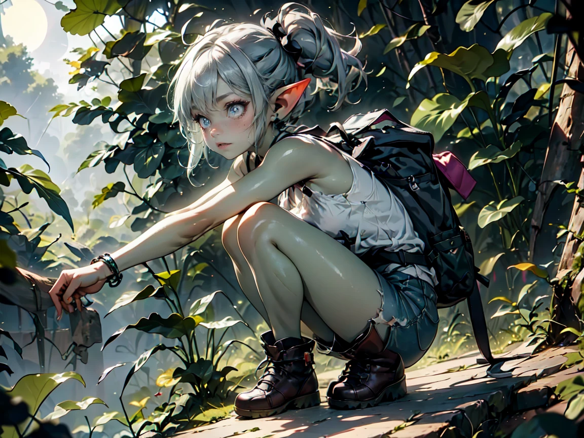 1 girl, solo ((best quality)), ((masterpiece)), (detailed), 4k, deep green skin, tiny pointy ears, 3 foot tall mature goblin woman with silver hair color, pigtails, ((green skin)) wearing tanktop, hiking shorts, hiking boots, backpack, wearing rainbow friendship bracelet and leather necklace, exploring dense dark jungle, foliage is getting caught on her clothes and ripping them, trying to get through dense jungle, very dark, moonlight through trees, ripped shirt, dynamic pose, action shot, cinematic still, cinematic lighting, working hard, torn clothing, straining to get through dense jungle, climbing, crawling