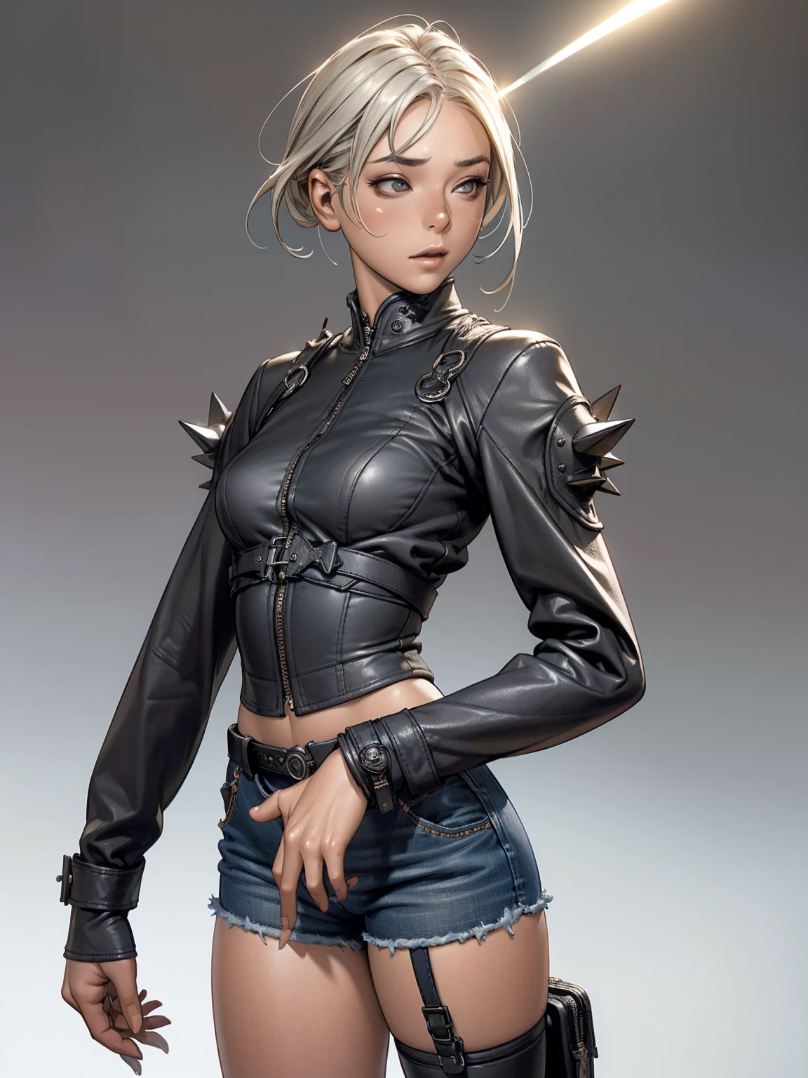 ((best qualityer)), ((work of art)), (detailded:1.4), 3d, an image of a beautiful woman with a perfect body wearing a punk jacket with small spikes and short ripped denim shorts, black leather garter belt, hdr (high-range dynamics),ray tracing,nvidia RTX,Super-resolution,Irreal 5,underground dispersal,PBR Texturing,Post-processing,Anisotropic filtering,Depth of field,Maximum clarity and sharpness,Multilayer textures,Albedo and Specular Maps,Surface shading,Accurate simulation of light-material interaction,perfect proportions,octane rendering,Two-tone lighting,large aperture,Low ISO,White balance,rule of thirds,8K CRU,