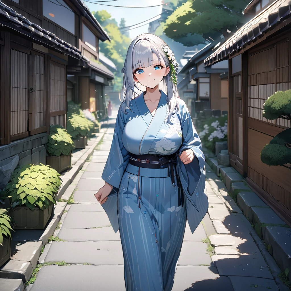 A woman wearing blue yukata with white flower design, white hair, long hair, bangs in her hair, ice blue eyes, red rose in her hair, smiling, big breasts, walking on a concrete sidewalk in a traditional Japanese neighborhood, with trees around bottom.UHD , prime work , accurate , anatomically correct , textured skin , super details , high quality , best quality, 8k, high resolution, bokeh effect. (woman alone)
