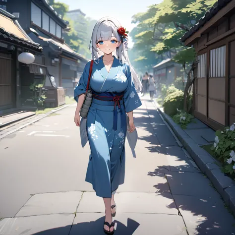 a woman wearing blue yukata with white flower design, white hair, long hair, bangs in her hair, ice blue eyes, red rose in her h...