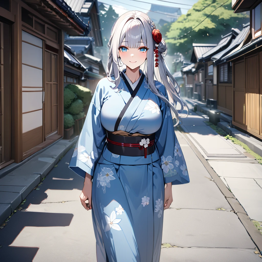 A woman wearing blue yukata with white flower design, white hair, long hair, bangs in her hair, ice blue eyes, red rose in her hair, smiling, big breasts, walking on a concrete sidewalk in a traditional Japanese neighborhood, with trees around bottom.UHD , prime work , accurate , anatomically correct , textured skin , super details , high quality , best quality, 8k, high resolution, bokeh effect. (woman alone)
