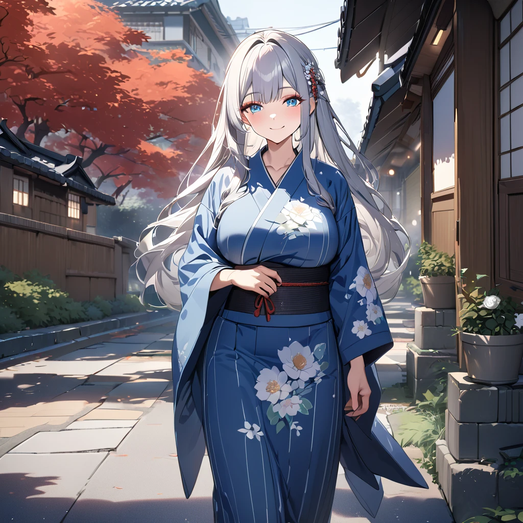 A woman wearing blue yukata with white flower design, white hair, long hair, bangs in her hair, ice blue eyes, red rose in her hair, smiling, big breasts, walking on a concrete sidewalk in a traditional Japanese neighborhood, with trees around bottom.UHD , prime work , accurate , anatomically correct , textured skin , super details , high quality , best quality, 8k, high resolution, bokeh effect. (woman alone)
