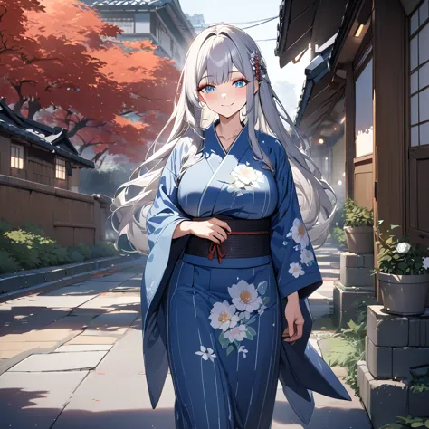 a woman wearing blue yukata with white flower design, white hair, long hair, bangs in her hair, ice blue eyes, red rose in her h...