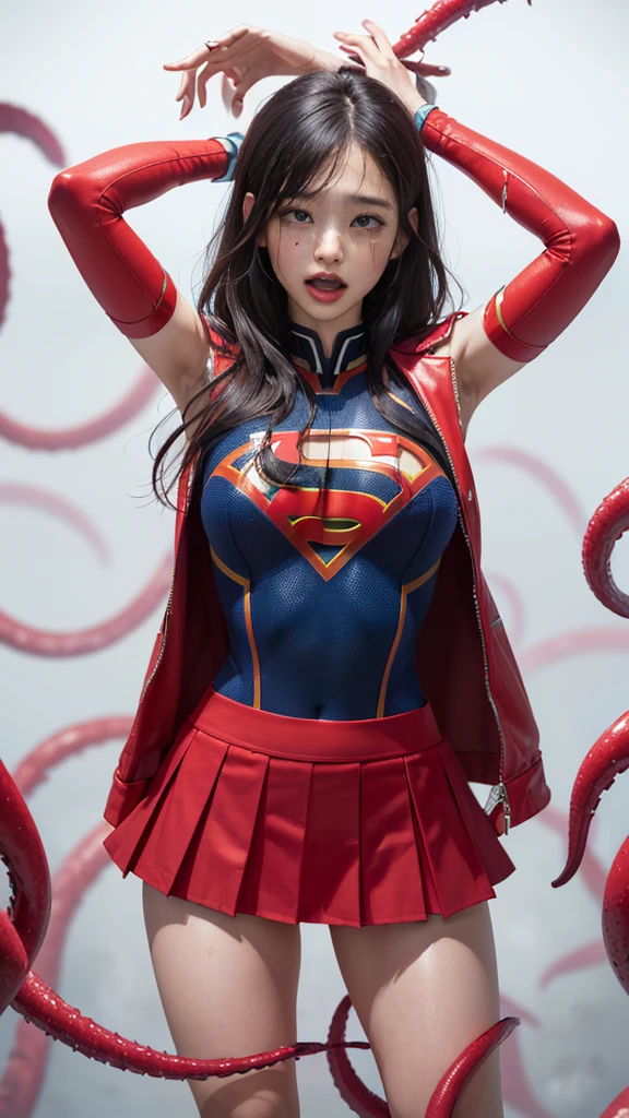 (8K、mais alta qualidade、Obra de arte:1.2)、(Realismo、fotorrealista:1.37)、ultra-alta definição、(mais alta qualidade)、(Obra de arte)、Supergirl presa por tentáculos、(ajuste perfeito body、ajuste perfeito、coxas perfeitas)、(((Vestindo o traje da Supergirl、saia、danificado、Torn、Thighs in roupas rasgadas、 Braços expostos)))、cabelo longo、cabelo longo、(((roupas esfarrapadas、Muita exposição、roupas rasgadas、引き裂かれたsaia、ボロボロのsaia、Líquido branco por todo o corpo、 gruda no corpo、 no rosto、胸に白Corの液体、)))、(((O fundo é uma prisão、Mãos cruzadas atrás da cabeça、cercado por tentáculos、O corpo está conectado por muitos tentáculos.、Mãos amarradas por tentáculos、As pernas estão amarradas com tentáculos、Tentáculos apalpando todo o corpo、Cor々Mulher madura posando))),(abra sua boca、gritar、dorでうめき声をあげる, dorを感じ, lágrimas fluindo:1.5), dor, EU&#39;m in dor and crying、Um pedaço de carne está preso na virilha、