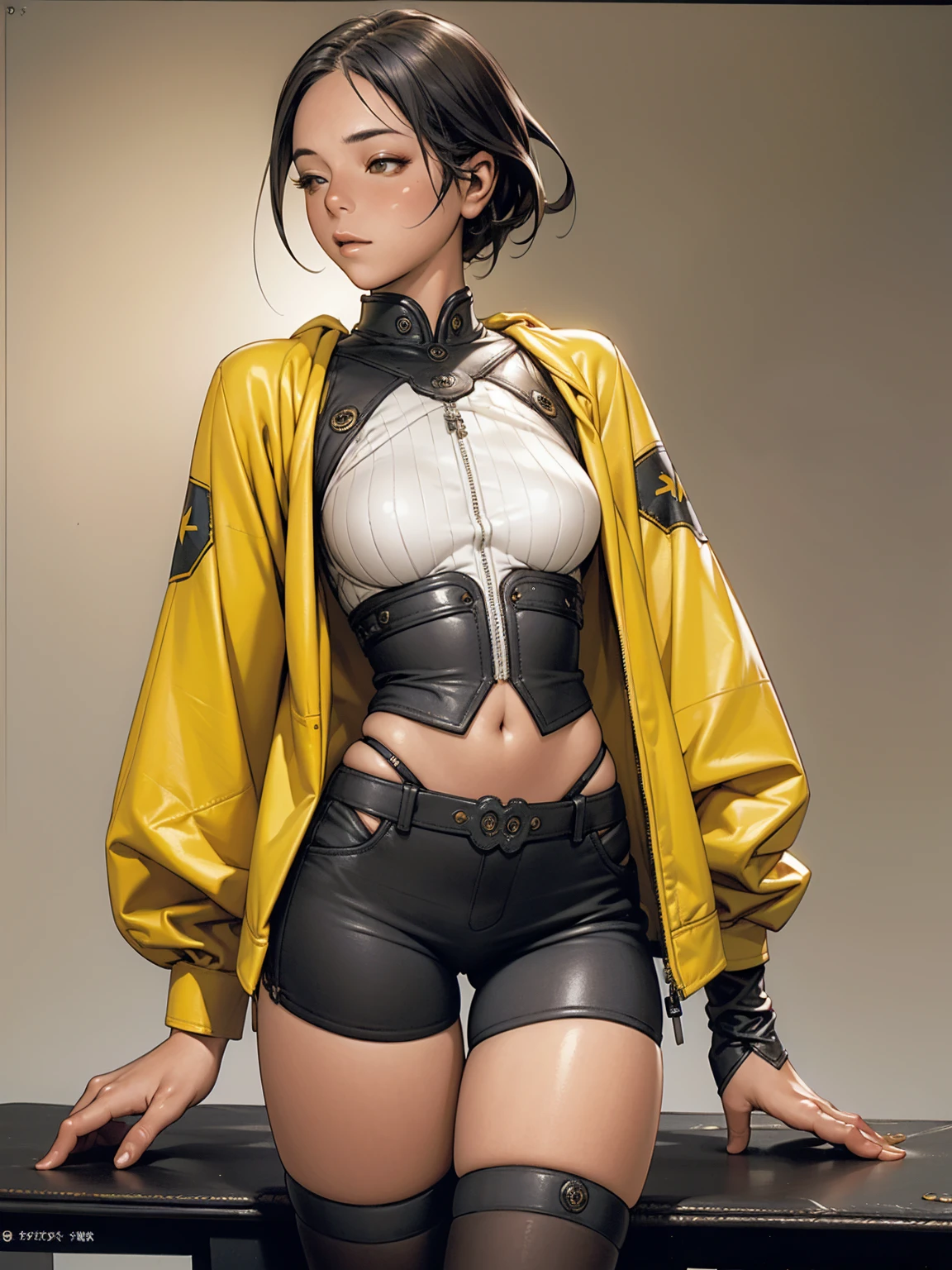 ((best qualityer)), ((work of art)), (detailded:1.4), 3d, an image of a beautiful woman with a perfect body wearing a yellow punk jacket with small spikes and short ripped denim shorts, black leather garter belt, hdr (high-range dynamics),ray tracing,nvidia RTX,Super-resolution,Irreal 5,underground dispersal,PBR Texturing,Post-processing,Anisotropic filtering,Depth of field,Maximum clarity and sharpness,Multilayer textures,Albedo and Specular Maps,Surface shading,Accurate simulation of light-material interaction,perfect proportions,octane rendering,Two-tone lighting,large aperture,Low ISO,White balance,rule of thirds,8K CRU,