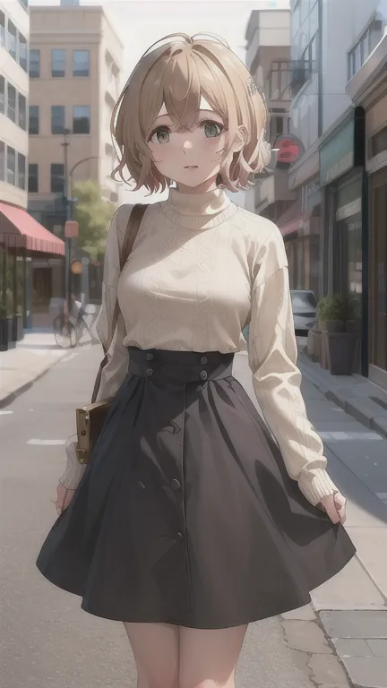 masterpiece, best quality, highres, nanami mami, sweater, high-waist skirt, cowboy shot, standing, street