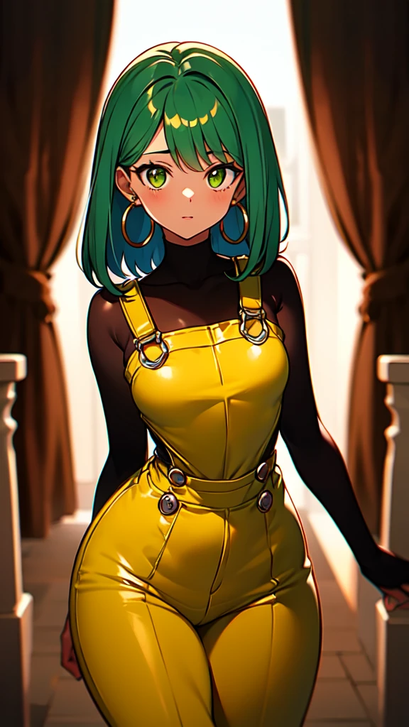 masterpiece, best quality,1girl, ((young girl)), ((large round magical green eyes)), shiny skin, (thin waist), (long curlly green hair), ((curvy)), ((wide hips)), ((hoop earrings)), ((small size)) , ((( yellow overalls))), hot, soft natural lighting, reflections, bright illuminations, deep dark black skin, ((yellow outfit))