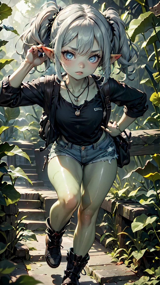 1 girl, solo ((best quality)), ((masterpiece)), (detailed), 4k, deep green skin, tiny pointy ears, 3 foot tall mature goblin woman with silver hair color, pigtails, ((green skin)) wearing tanktop, hiking shorts, hiking boots, backpack, wearing rainbow friendship bracelet and leather necklace, exploring dense dark jungle, foliage is getting caught on her clothes and ripping them, trying to get through dense jungle, very dark, moonlight through trees, ripped shirt, dynamic pose, action shot, cinematic still, cinematic lighting, working hard, torn clothing, straining to get through dense jungle, climbing, crawling, sexy, exposed, in dark jungle