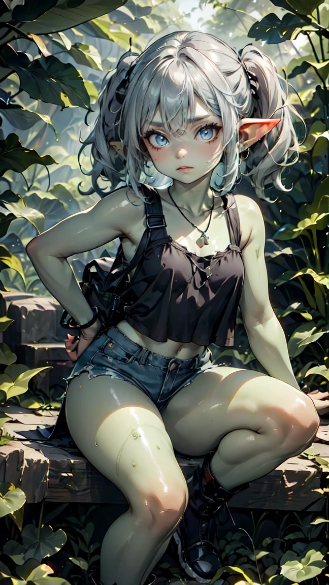 1 girl, solo ((best quality)), ((masterpiece)), (detailed), 4k, deep green skin, tiny pointy ears, 3 foot tall mature goblin woman with silver hair color, pigtails, ((green skin)) wearing tanktop, hiking shorts, hiking boots, backpack, wearing rainbow friendship bracelet and leather necklace, exploring dense dark jungle, foliage is getting caught on her clothes and ripping them, trying to get through dense jungle, very dark, moonlight through trees, ripped shirt, dynamic pose, action shot, cinematic still, cinematic lighting, working hard, torn clothing, straining to get through dense jungle, climbing, crawling, sexy, exposed, in dark jungle