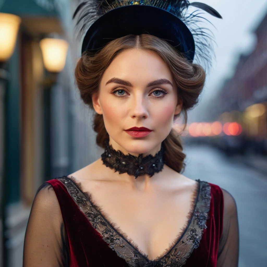 A stunning Victorian-era portrait of a woman, adorned in a classic velvet dress and a dainty feathered hat. Her exquisite face boasts beautifully detailed eyes, lips, and skin, with sharp focus and vivid colors. She stands confidently on the foggy street, illuminated by soft studio lighting that creates a subtle bokeh effect. The overall atmosphere is one of luxury and sophistication, with extreme attention to detail in every aspect, from her delicate features to the rich textures of her clothing.