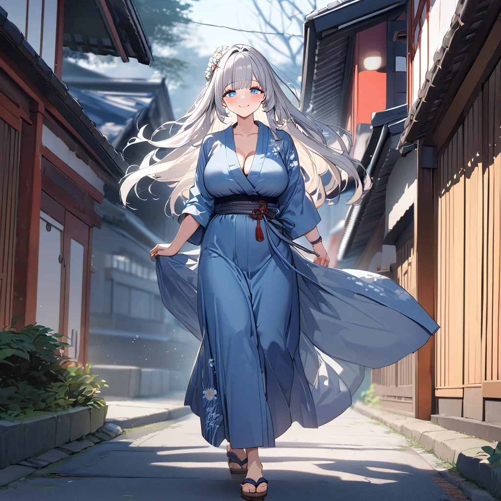 A woman wearing blue yukata with white flower design, white hair, long hair, bangs in her hair, ice blue eyes, red rose in her hair, smiling, big breasts, walking on a concrete sidewalk in a traditional Japanese neighborhood, with trees around bottom.UHD , prime work , accurate , anatomically correct , textured skin , super details , high quality , best quality, 8k, high resolution, bokeh effect. (woman alone)
