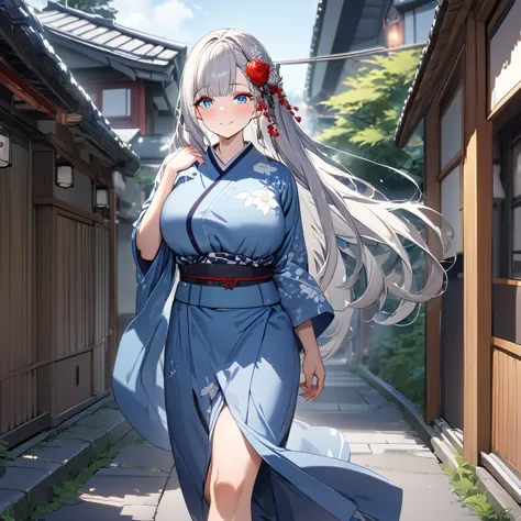 a woman wearing blue yukata with white flower design, white hair, long hair, bangs in her hair, ice blue eyes, red rose in her h...