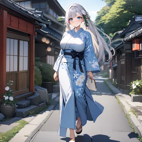 a woman wearing blue yukata with white flower design, white hair, long hair, bangs in her hair, ice blue eyes, red rose in her h...