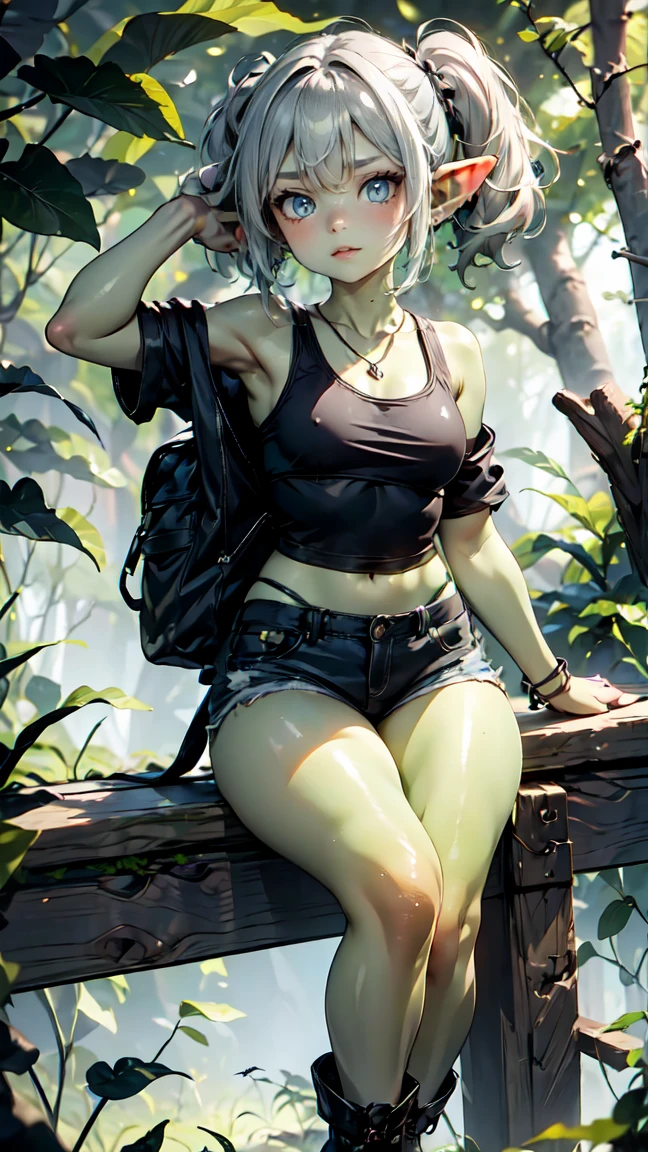 1 girl, solo ((best quality)), ((masterpiece)), (detailed), 4k, deep green skin, tiny pointy ears, 3 foot tall mature goblin woman with silver hair color, pigtails, ((green skin)) wearing tanktop, hiking shorts, hiking boots, backpack, wearing rainbow friendship bracelet and leather necklace, exploring dense dark jungle, foliage is getting caught on her clothes and ripping them, trying to get through dense jungle, very dark, moonlight through trees, ripped shirt, dynamic pose, action shot, cinematic still, cinematic lighting, working hard, torn clothing, straining to get through dense jungle, climbing, crawling