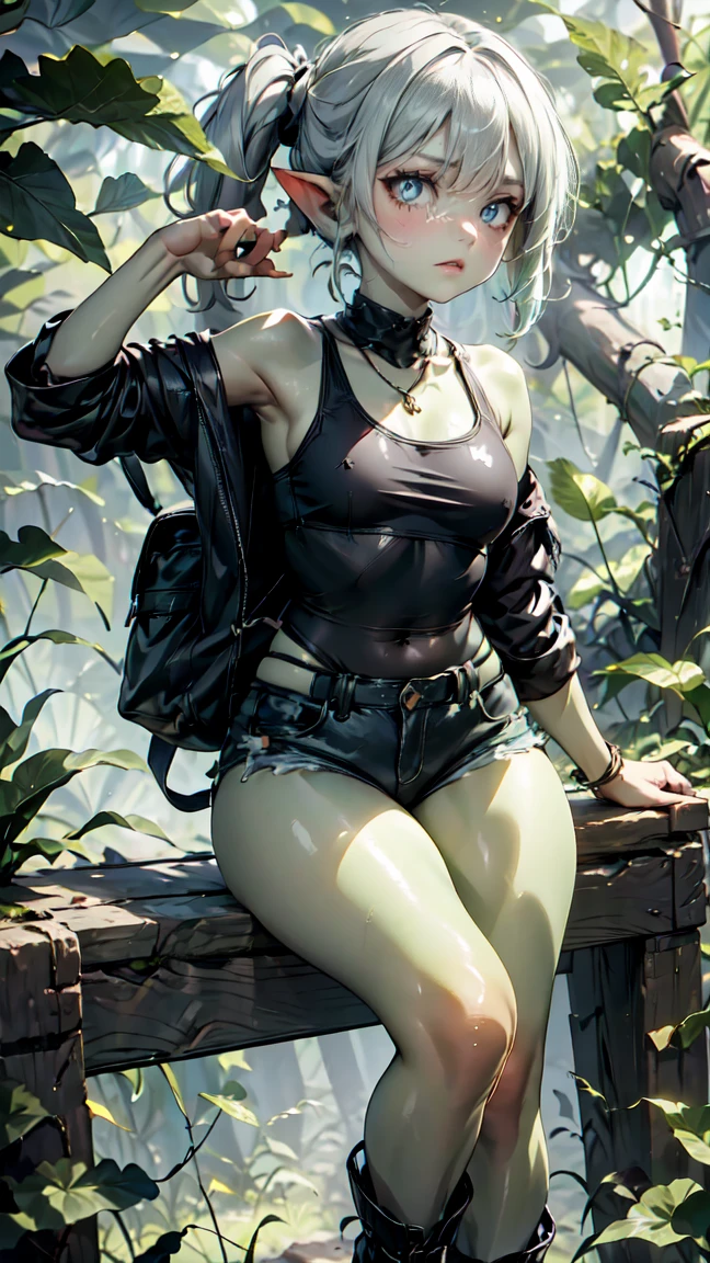 1 girl, solo ((best quality)), ((masterpiece)), (detailed), 4k, deep green skin, tiny pointy ears, 3 foot tall mature goblin woman with silver hair color, pigtails, ((green skin)) wearing tanktop, hiking shorts, hiking boots, backpack, wearing rainbow friendship bracelet and leather necklace, exploring dense dark jungle, foliage is getting caught on her clothes and ripping them, trying to get through dense jungle, very dark, moonlight through trees, ripped shirt, dynamic pose, action shot, cinematic still, cinematic lighting, working hard, torn clothing, straining to get through dense jungle, climbing, crawling