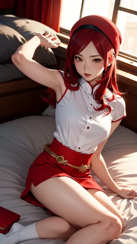 sensual asian woman, アニメ, higher quality, woman opens her legs, redheadwear, red hair, lying on her bed, semi new