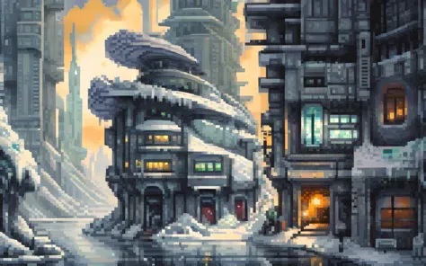 Futuristic winter city, pixel art painting by Yoko Tsuno, best quality, masterpiece, high details, Ultra intricate detailed