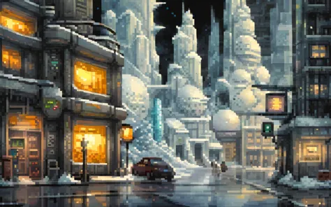 Futuristic winter city, pixel art painting by Yoko Tsuno, best quality, masterpiece, high details, Ultra intricate detailed