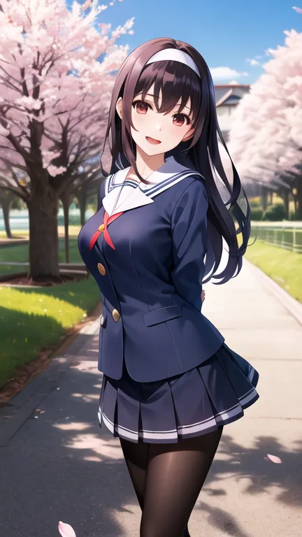 masterpiece, best quality, highres, aautaha, long hair, black hair, hairband, , sailor collar, blue blazer, long sleeves, pleate...