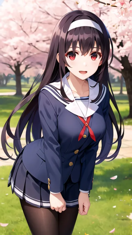 masterpiece, best quality, highres, aautaha, long hair, black hair, hairband, , sailor collar, blue blazer, long sleeves, pleate...