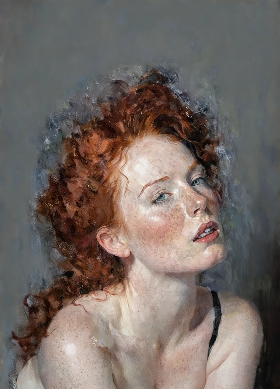 painting of a redheaded woman with red hair and a black bra, redhead with freckles, with pale skin, red hair and freckles, pale and freckled skin, redhead woman, pale and fair skin!!, redhead and fur, red head, with curly red hair, redhead, a young redhead, with freckles, white skin muy muy pálida, chica pelirroja