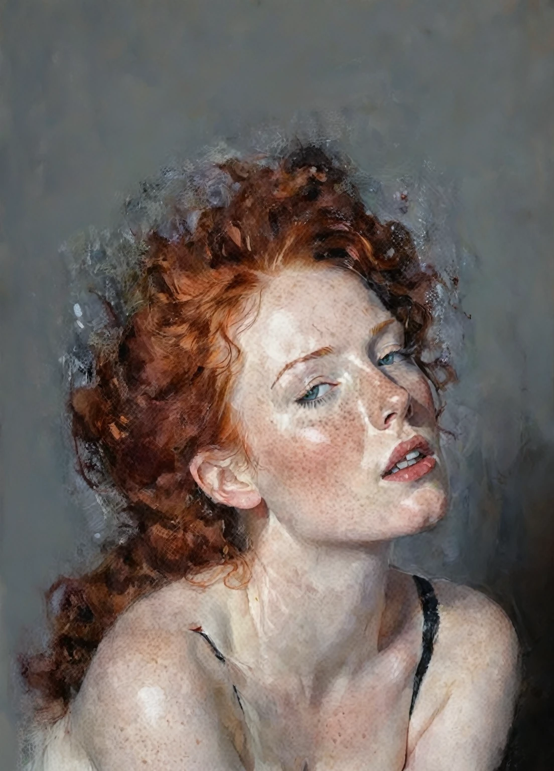 painting of a redheaded woman with red hair and a black bra, redhead with freckles, with pale skin, red hair and freckles, pale and freckled skin, redhead woman, pale and fair skin!!, redhead and fur, red head, with curly red hair, redhead, a young redhead, with freckles, white skin muy muy pálida, chica pelirroja