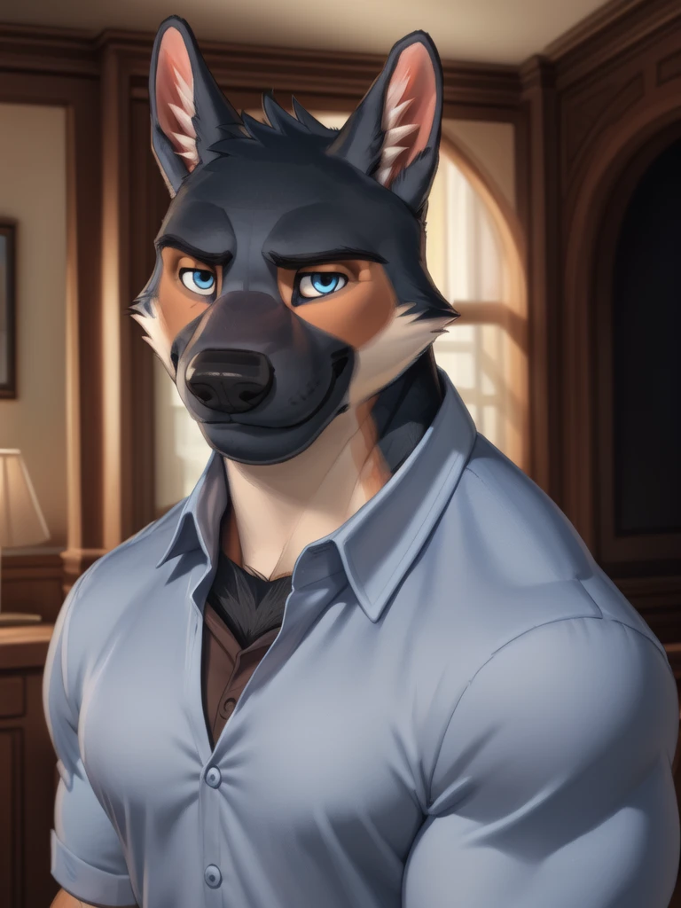 barlitz, blue eyes, black fur, muscular male, (pose:1.3), (soft shading), 4k, hi res, ((detailed face, detailed)), by zackarry911, by zaush, (by personalami:0.5), portrait, upper body, face focus, smile, looking at viewer, shirt,