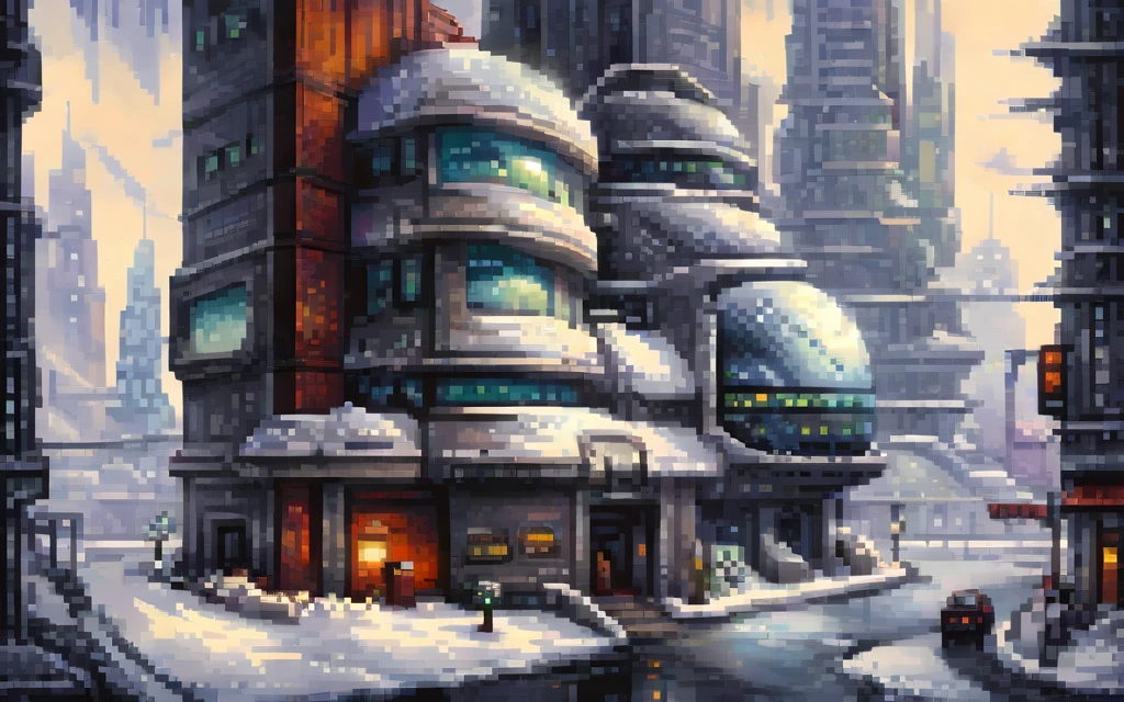 Modern buildings, Futuristic winter city, pixel art painting by Yoko Tsuno, best quality, masterpiece, high details, Ultra intricate detailed