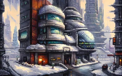 Modern buildings, Futuristic winter city, pixel art painting by Yoko Tsuno, best quality, masterpiece, high details, Ultra intri...