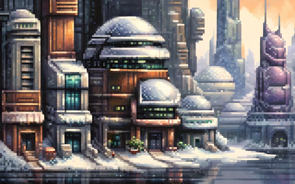 Modern buildings, Futuristic winter city, pixel art painting by Yoko Tsuno, best quality, masterpiece, high details, Ultra intricate detailed