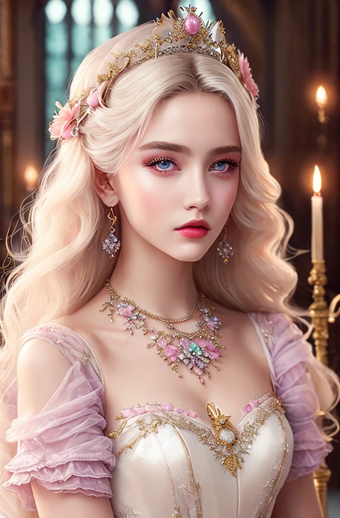 White Blonde hair, fluffy hair, stylish hair, long hair, lilac eyes, perfect eyes, beautiful, perfect face, tween, dainty , short, kind, curvy, a flowing pale airy gown with ruffles along the bottom with tiny pink flowers and gold dragon embroideries with flowers, Her tiara had a pretty teal gemstones, silver necklace, noble class, royal, royalty, red castle, feasting hall, medieval, elegant surroundings, soft dewy makeup look, light peach blush, soft tan eyeshadow, light coral lipstick, cutesy, girlish, girly, guileless, ingénue, princess , whimsical lighting, Targaryen, dragons in the sky, photorealistic
