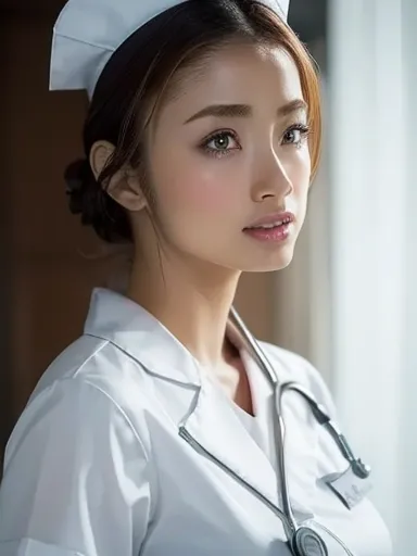 1 girl,(wearing white nurse clothes:1.2),(raw photos, highest quality), (realistic, photo-realistic:1.4), masterpiece, very deli...