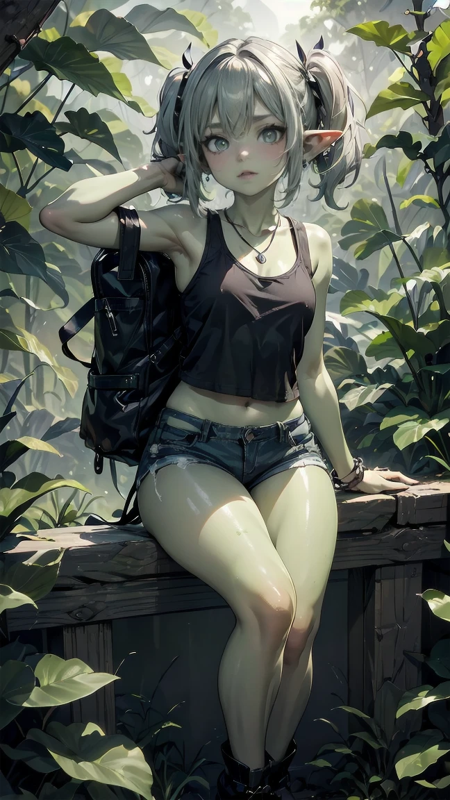 1 girl, solo ((best quality)), ((masterpiece)), (detailed), 4k, deep green skin, tiny pointy ears, 3 foot tall mature goblin woman with silver hair color, pigtails, ((green skin)) wearing tanktop, hiking shorts, hiking boots, backpack, wearing rainbow friendship bracelet and leather necklace, exploring dense dark jungle, foliage is getting caught on her clothes and ripping them, trying to get through dense jungle, very dark, moonlight through trees, ripped shirt, dynamic pose, action shot, cinematic still, cinematic lighting, working hard, torn clothing, straining to get through dense jungle, climbing, crawling, sexy, exposed, in dark jungle