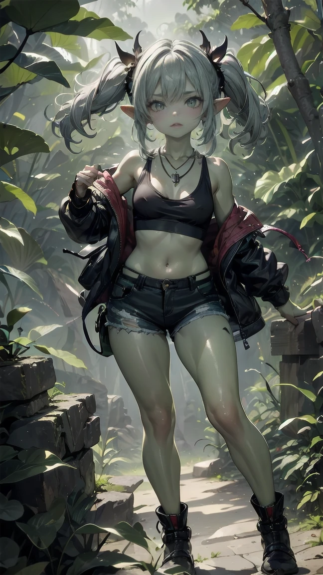 1 girl, solo ((best quality)), ((masterpiece)), (detailed), 4k, deep green skin, tiny pointy ears, 3 foot tall mature goblin woman with silver hair color, pigtails, ((green skin)) wearing tanktop, hiking shorts, hiking boots, backpack, wearing rainbow friendship bracelet and leather necklace, exploring dense dark jungle, foliage is getting caught on her clothes and ripping them, trying to get through dense jungle, very dark, moonlight through trees, ripped shirt, dynamic pose, action shot, cinematic still, cinematic lighting, working hard, torn clothing, straining to get through dense jungle, climbing, crawling, sexy, exposed, in dark jungle