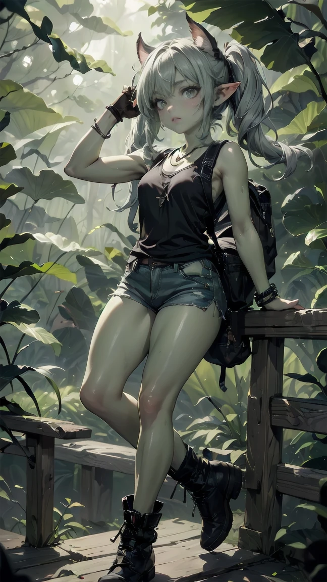 1 girl, solo ((best quality)), ((masterpiece)), (detailed), 4k, deep green skin, tiny pointy ears, 3 foot tall mature goblin woman with silver hair color, pigtails, ((green skin)) wearing tanktop, hiking shorts, hiking boots, backpack, wearing rainbow friendship bracelet and leather necklace, exploring dense dark jungle, foliage is getting caught on her clothes and ripping them, trying to get through dense jungle, very dark, moonlight through trees, ripped shirt, dynamic pose, action shot, cinematic still, cinematic lighting, working hard, torn clothing, straining to get through dense jungle, climbing, crawling, sexy, exposed, in dark jungle