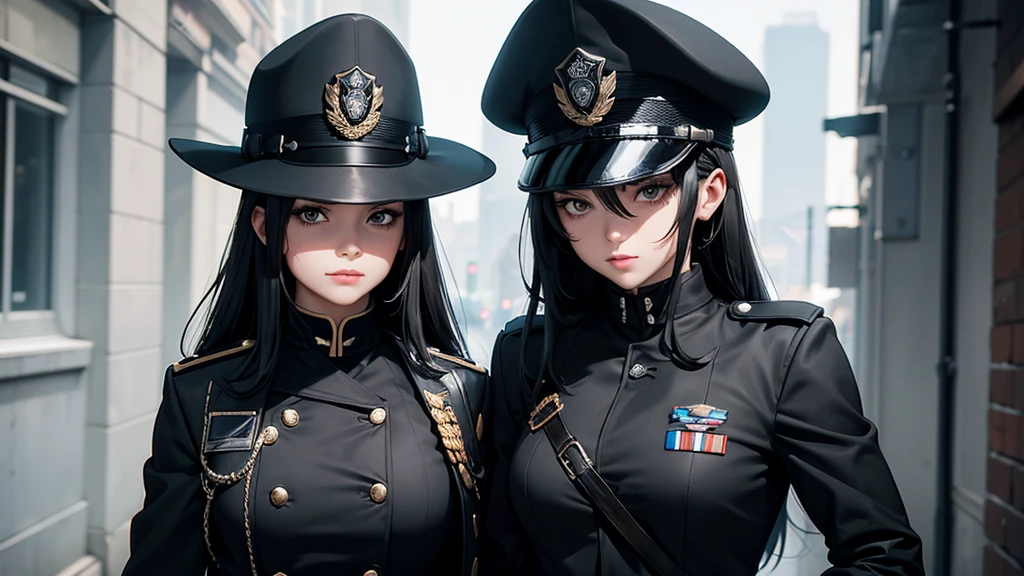 1 girl, solo, arafed women in a black uniform and a black hat, a black dieselpunk policewoman, in black military uniform, detective coat, officer, black greatcoat, police uniform, in black uniform, black armored uniform, dark coat, full uniform, inspired by Horace Vernet, officers uniform, he is wearing a black trenchcoat, dressed in black body armour, 4k res, ultra detailed, face detailed