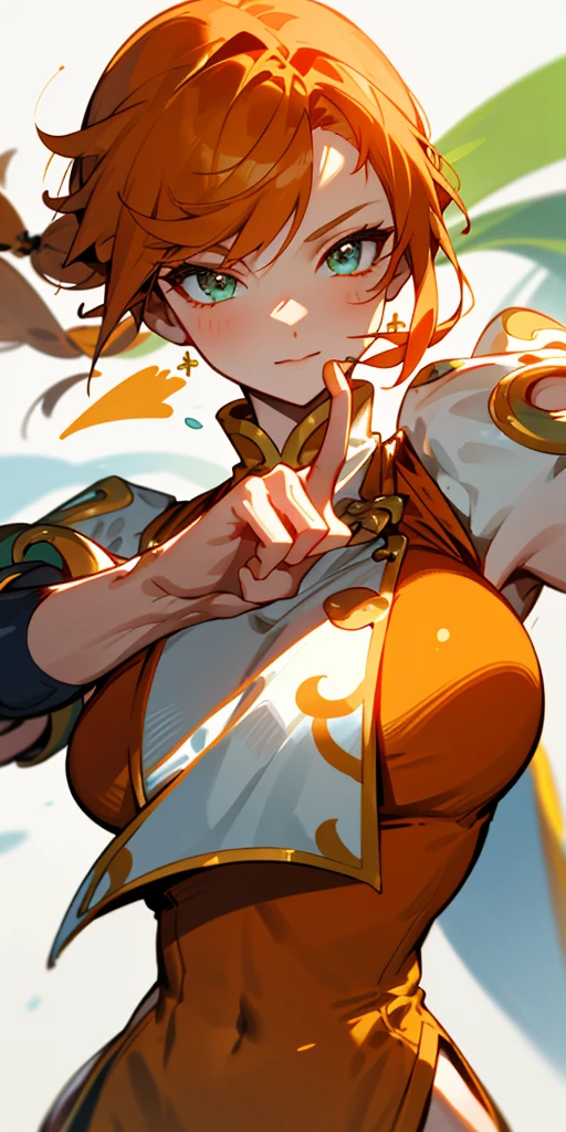 1 girl、one person、skinny body shape、orange clothes、orange hair、beautiful green eyes、intense joy on the face、white uniform with golden decorations、upper body close-up, style of Chun-li clothes